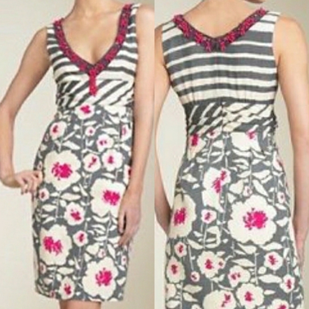 Nanette Lenore Linen Dress beaded sleeveless red white flowers on gray Size 8